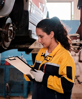 Mujer sosteniendo y escribiendo sobre formato de revisión al lado de carrocería