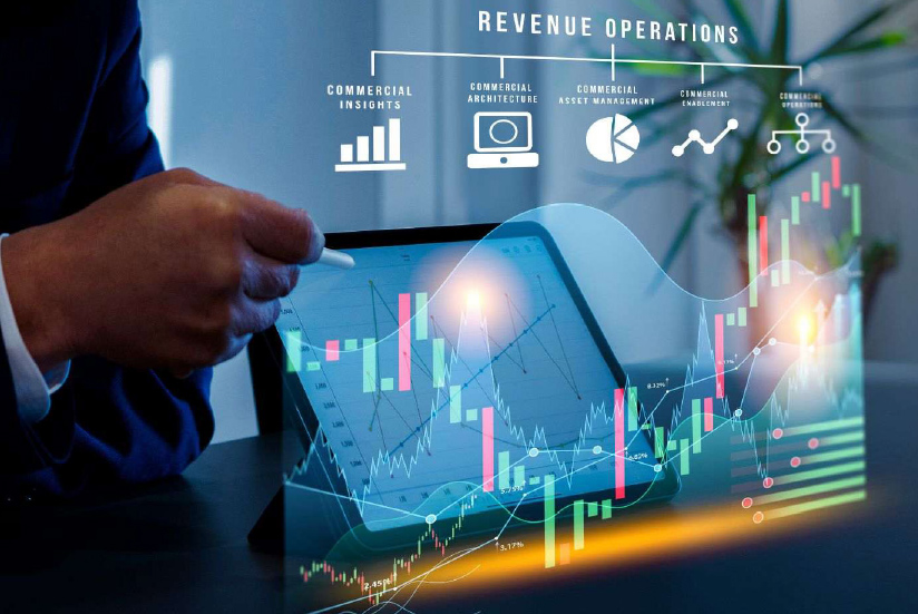 Analysis of income operations with graphs on a tablet.