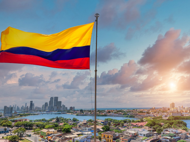Colombia, panoramic view of Cartagena cityscape, modern skyline, hotels, and ocean bays of Bocagrande and Bocachica from the view of San Felipe Castle.