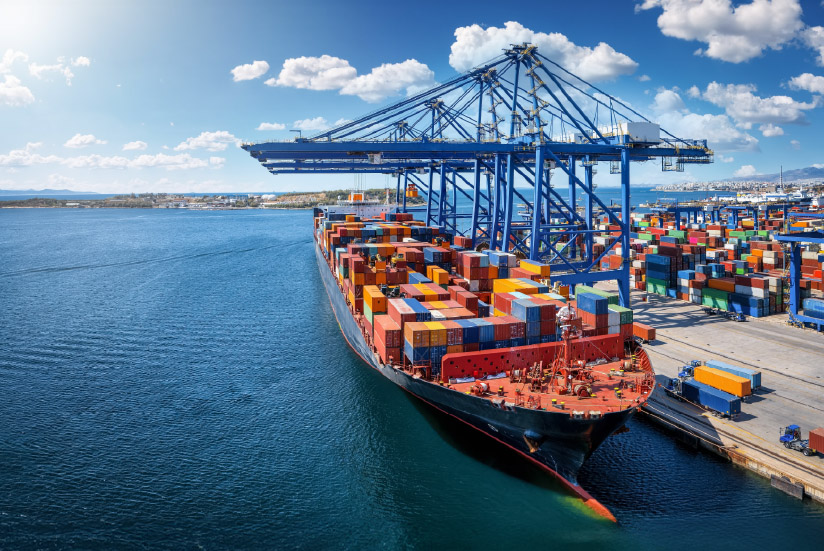 Container ship loading in a port with blue cranes.
