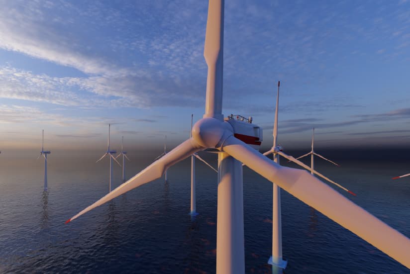  Multiple white wind turbines on the ocean at sunset, with scattered clouds.