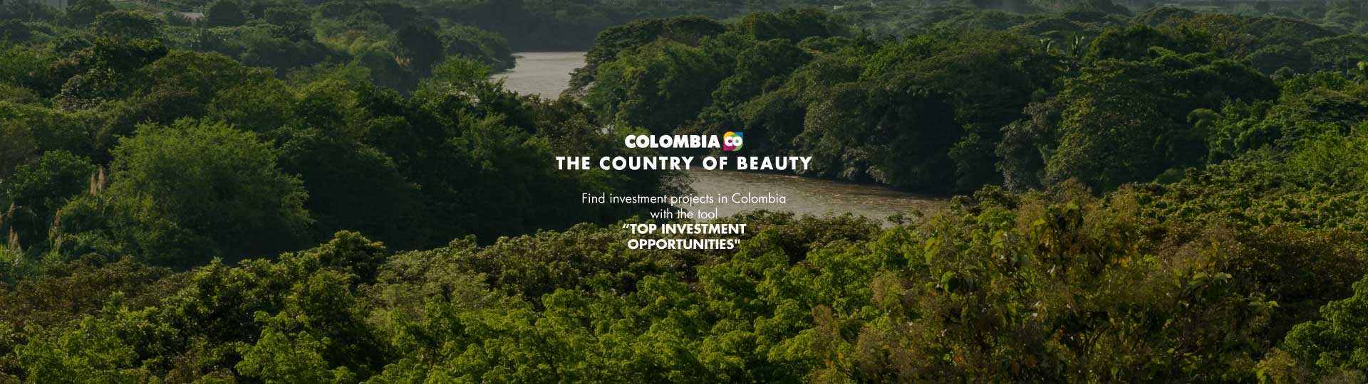 Colombian jungle landscape with investment promotional text.