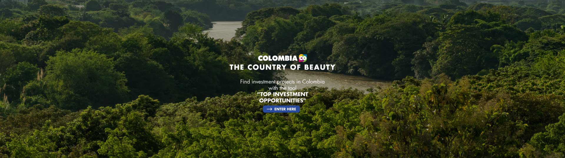 Colombian jungle landscape with investment promotional text.