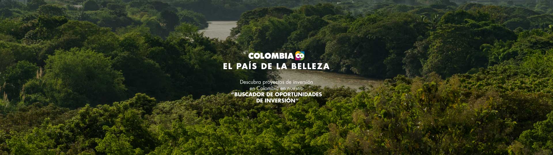 Paisaje selvático colombiano con texto promocional de inversión.