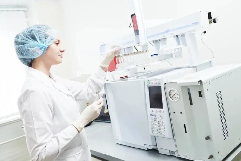 Scientist handling laboratory equipment wearing a lab coat and protective cap.