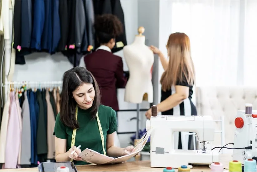 fashion designer looking for inspiration in her store.