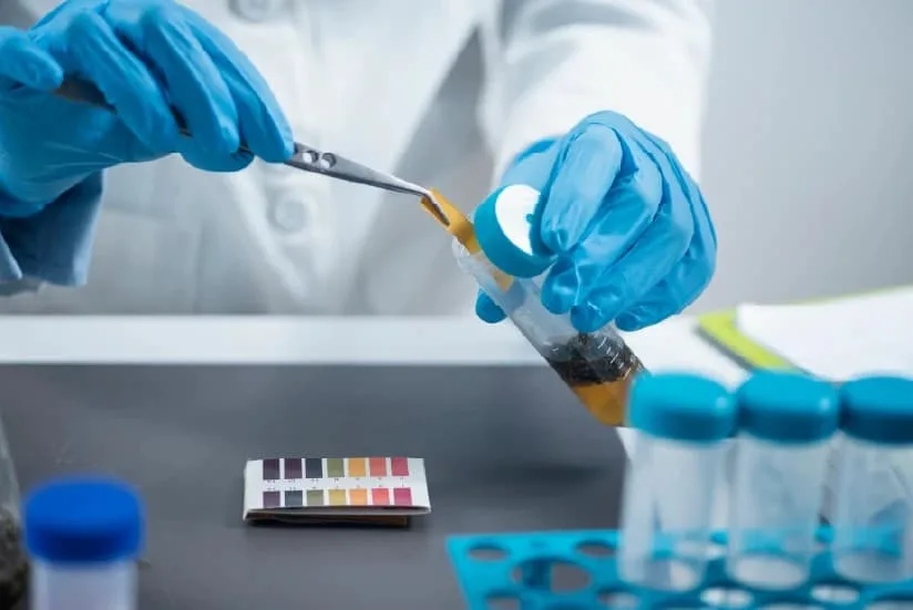 Scientist wearing blue gloves analyzing a sample in a test tube next to a pH strip in a laboratory