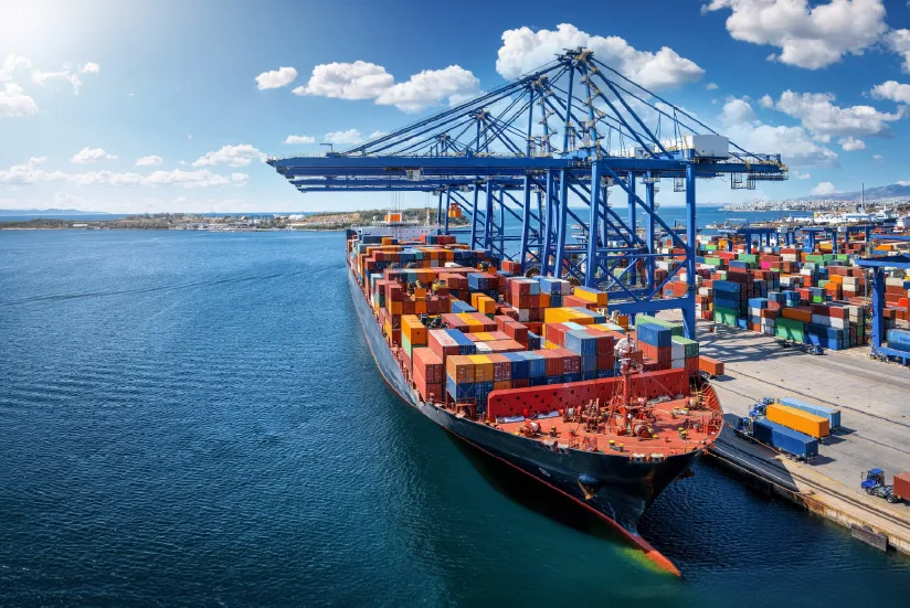 Container ship loading in a port with blue cranes.
