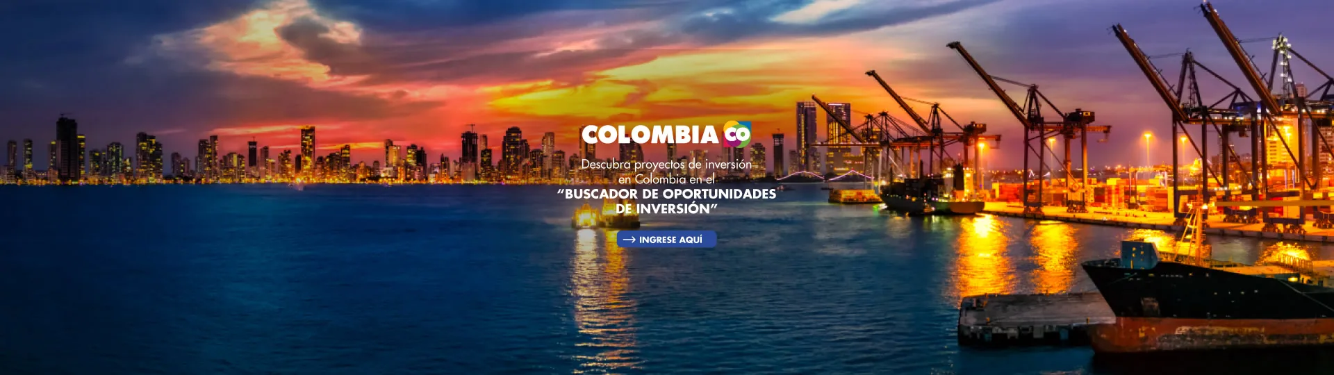 Puerto marítimo colombiano con texto promocional de inversión