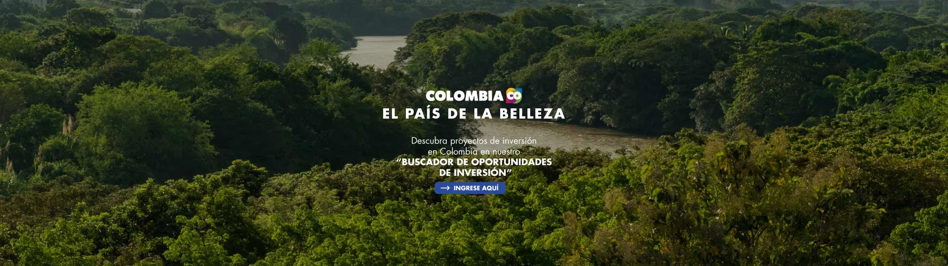 Paisaje selvático colombiano con texto promocional de inversión.