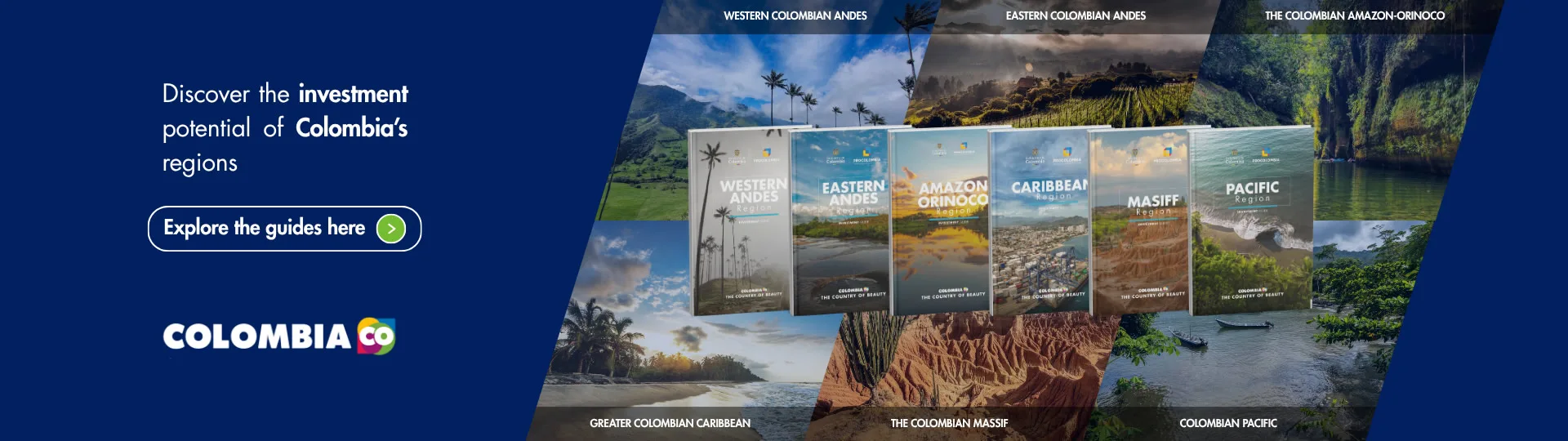 Covers of brochures for macro-regions featuring promotional text about investment
