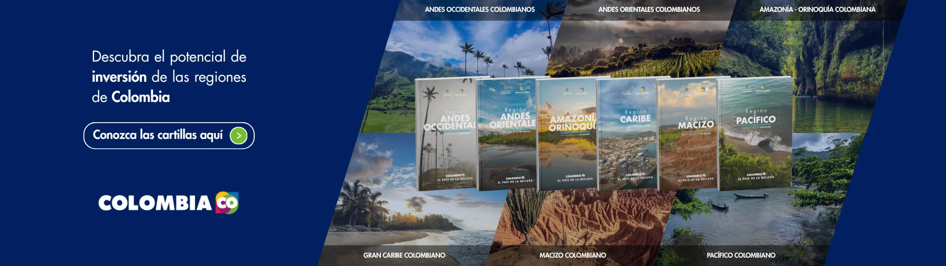 Portadas de cartillas de macrorregiones con texto promocional de inversión