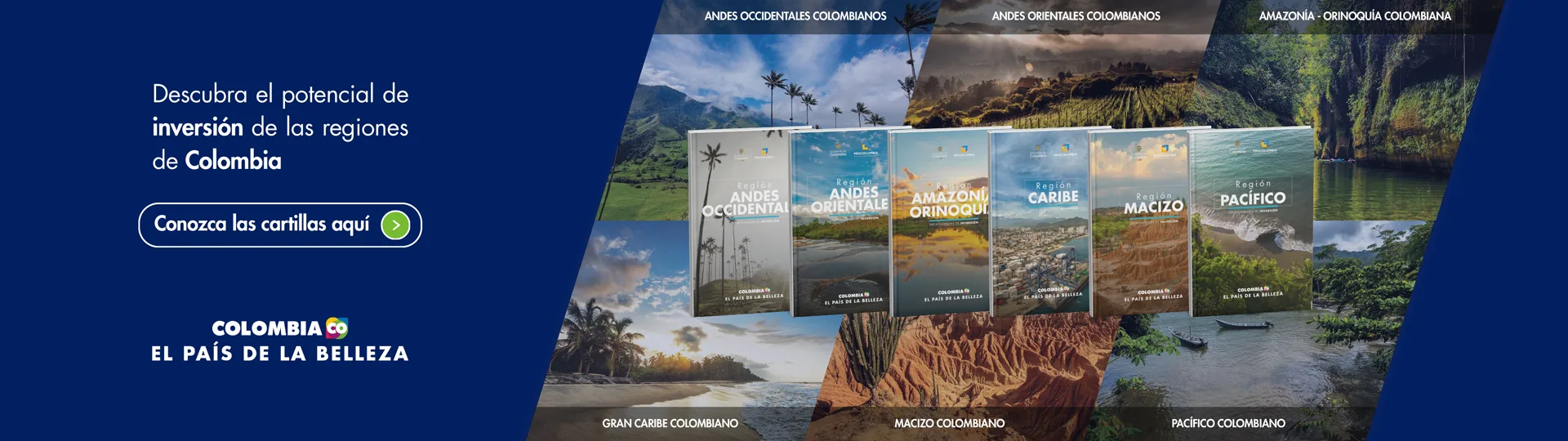 Portadas de cartillas de macrorregiones con texto promocional de inversión